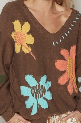 Brown Floral Embroidered Sweater