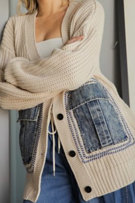 Cream Cardigan With Denim Accents