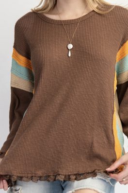 Brown Thermal Striped Lace Sweater